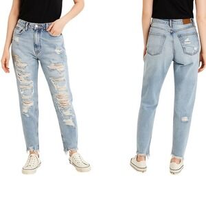 American Eagle Short Jeans‎ 00 Blue Distressed Raw Hem Mom Casual Stretch Denim